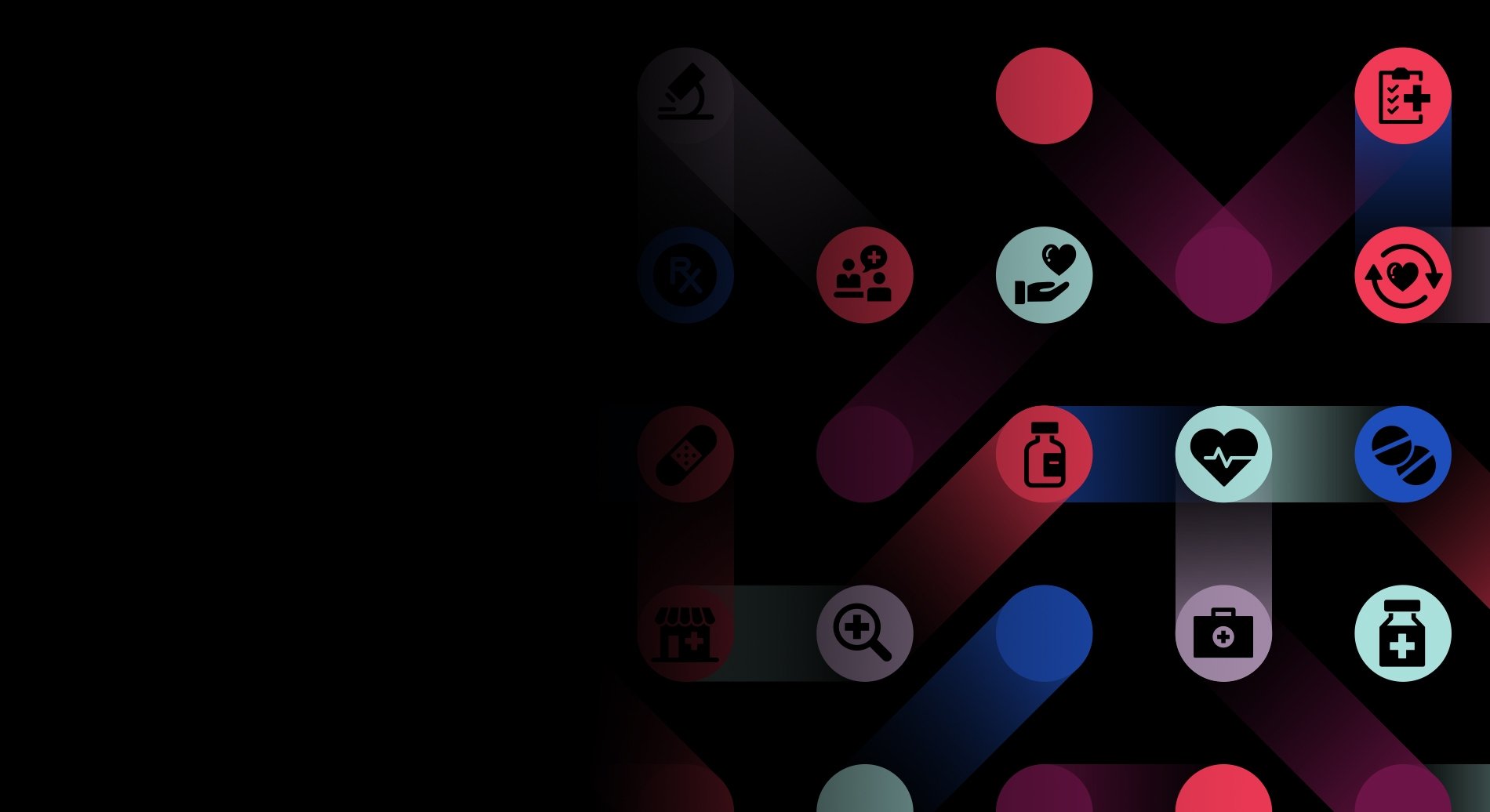 Black background with colorful icons representing health care industry.
