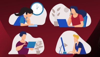 Four illustrations of people working on a red background.
