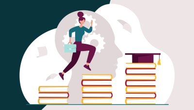 An illustration of a person running up a stack of books.