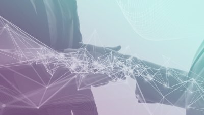 Two people shaking hands with lines overlaid. 