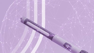 A GLP-1 injection with a purple filter over it.