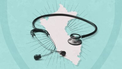 An outline of the country of Peru, surrounded by a stethoscope on a teal background.