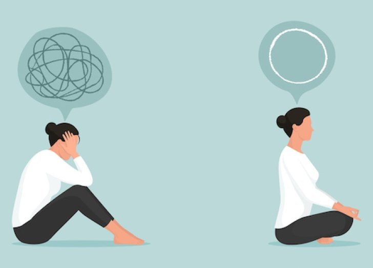 Woman sitting on the floor goes from stress to calm.
