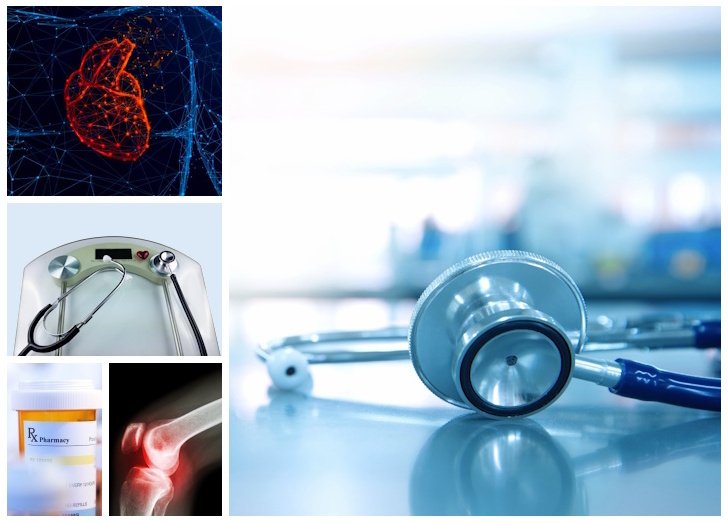 stethoscope, heart image, scale with stethoscope, prescription bottle, knee x-ray