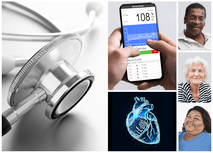 Stethoscope, blood sugar monitor, heart, diverse people