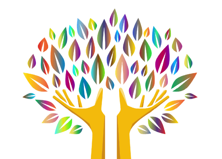 An illustration of two hands reaching out, and at the ends of the fingertips are leaves of varying colors.