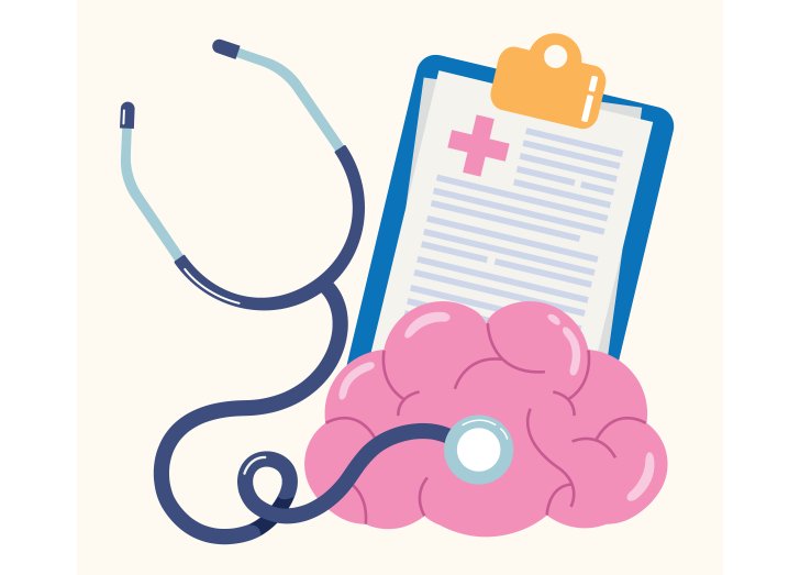 A stethoscope, chart and brain.