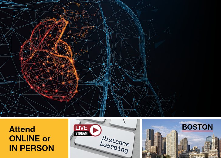 Vector image of heart inside left chest above images of keyboard and Boston indicating both online and in person