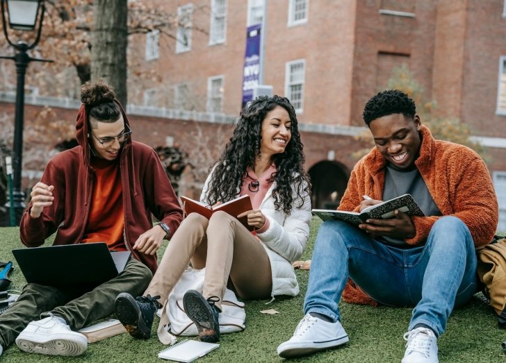 Group of students studying outside in the grass.