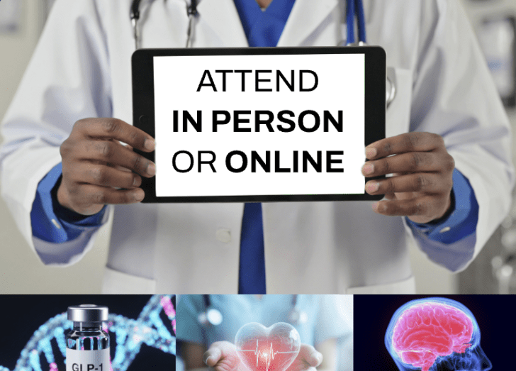 collage of GLP, heart, and brain x ray that says attend in person or online.