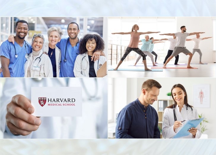 collage image of doctors, yoga, Harvard, and a doctor and patient.