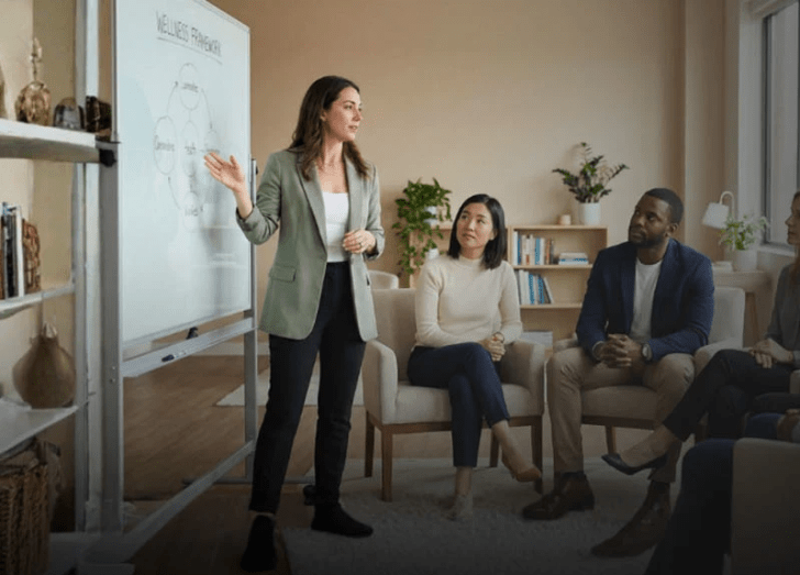 A Woman leading a group of people in discussion.