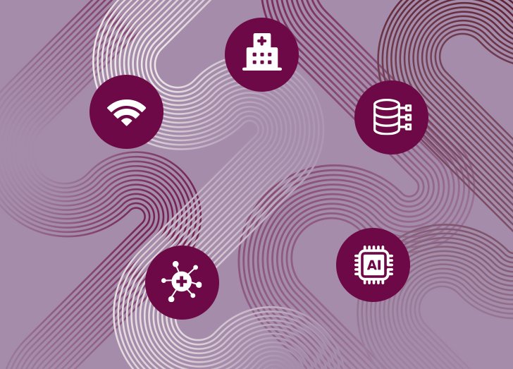 Five icons on a purple background.