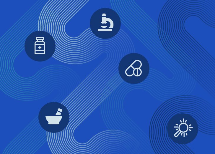 Five icons on a blue background.