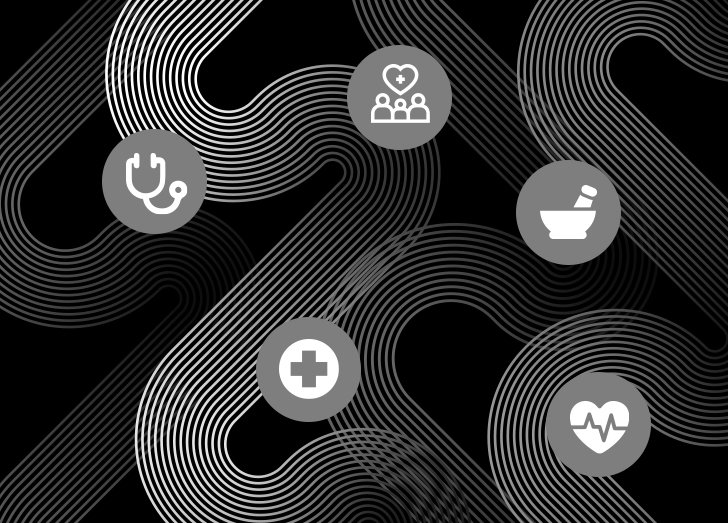 Five icons on a black background.