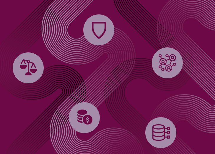 Five icons on a purple background.