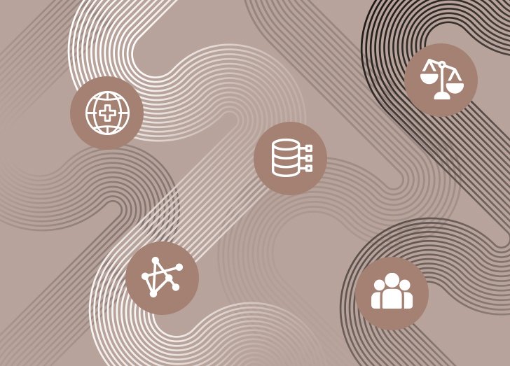 Five icons over a tan background.