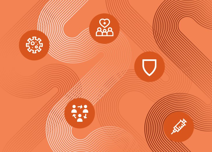 Five icons on an orange background.