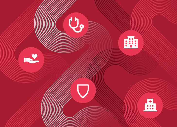 Five icons over a red background.