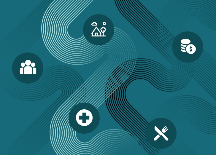 Five icons over a teal background.