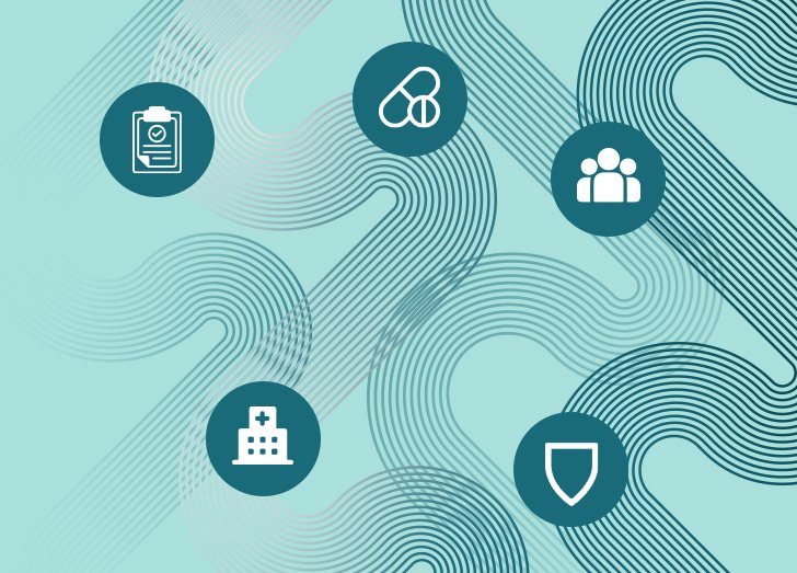 Five icons on a mint background.