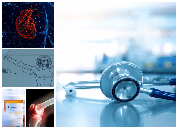 collage of stethoscope, heart, prescription bottle, knee x-ray, Davinci Vitruvian Man