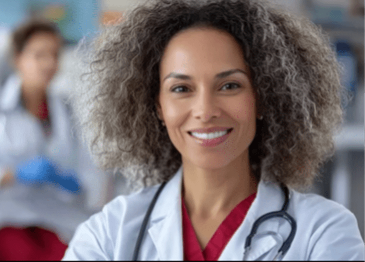close up a female doctor smiling.