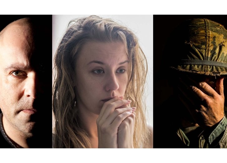 2 males, 1 female close up shot of people showing sign of PTSD.