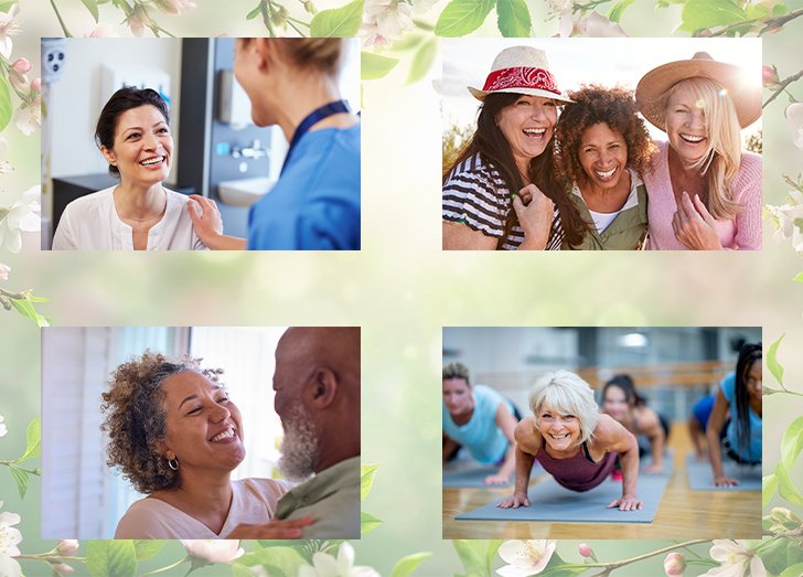 Four images of women doing various everyday things overlayed on an image of a cherry blossom.