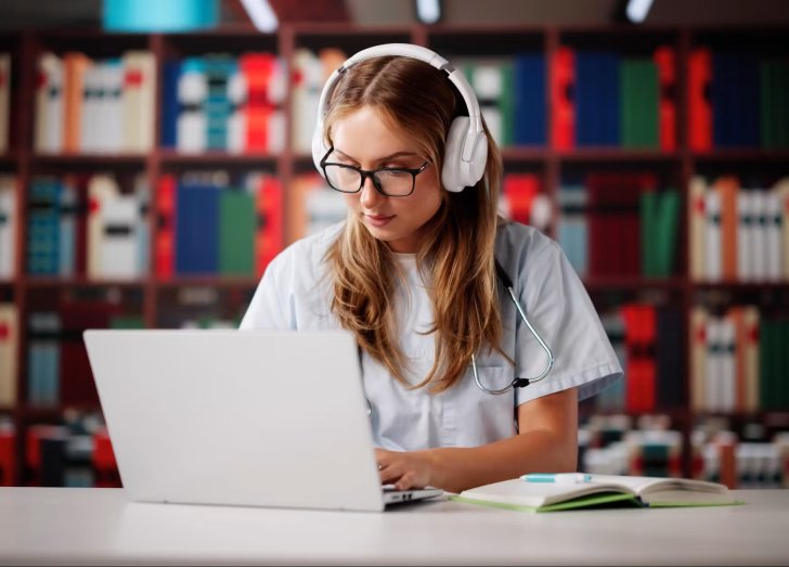 A girl studying in a library with headphones and a laptop.