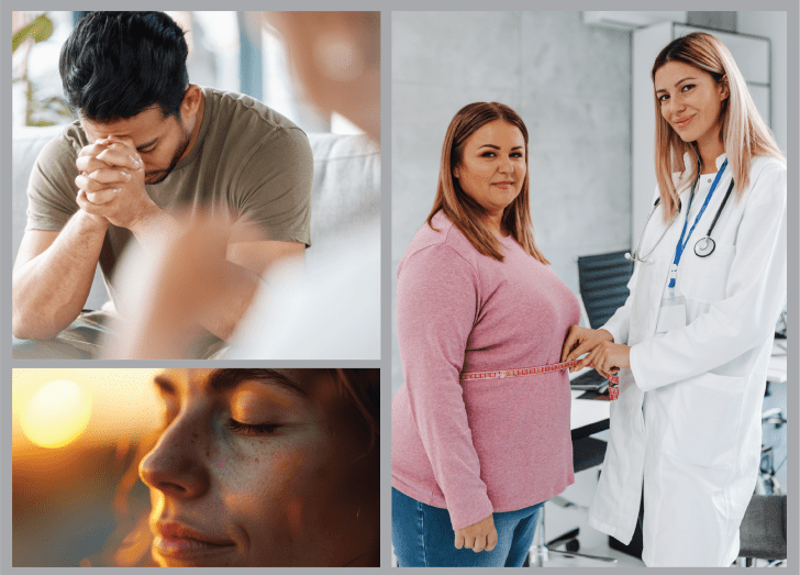 collage of images, doctor and patient, female meditating, man with head in hands.