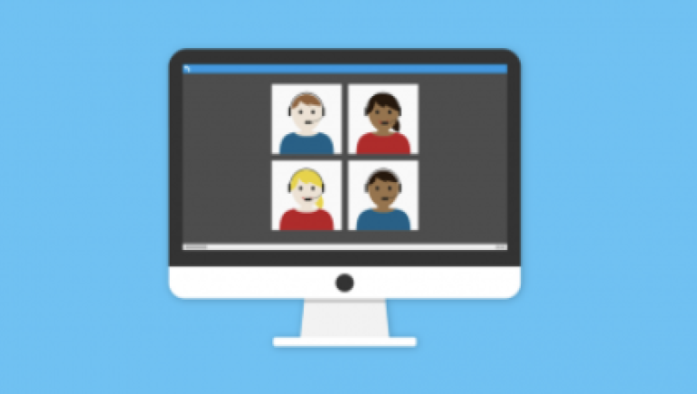  An illustration of a computer with people communicating on a zoom call.