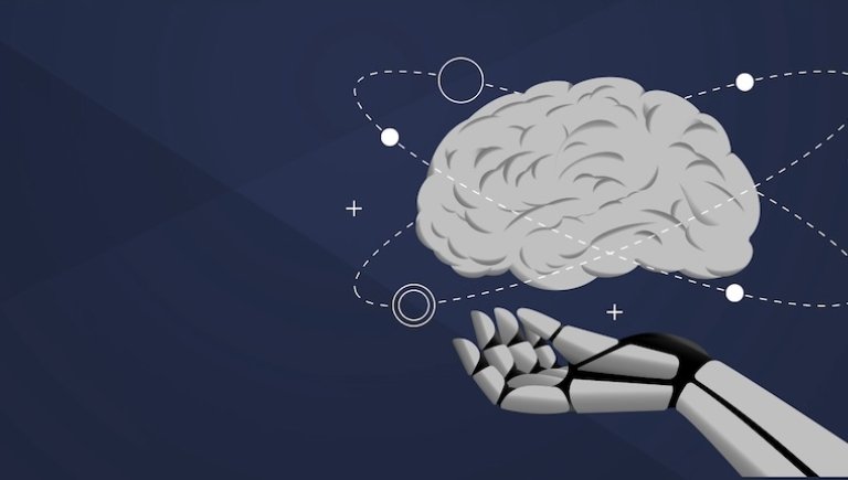 A brain being suspended by a robotic hand.