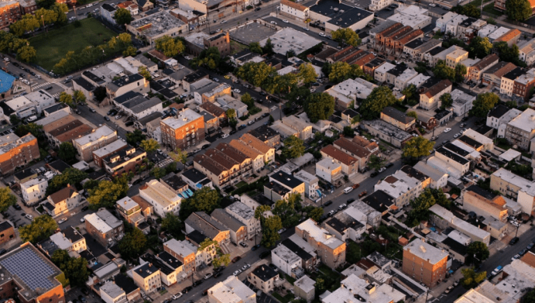 An overhead photo of buildings.