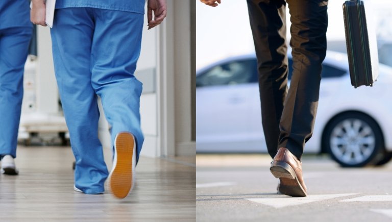Health care professional walking down a hallway and person in suit with briefcase walking towards car.