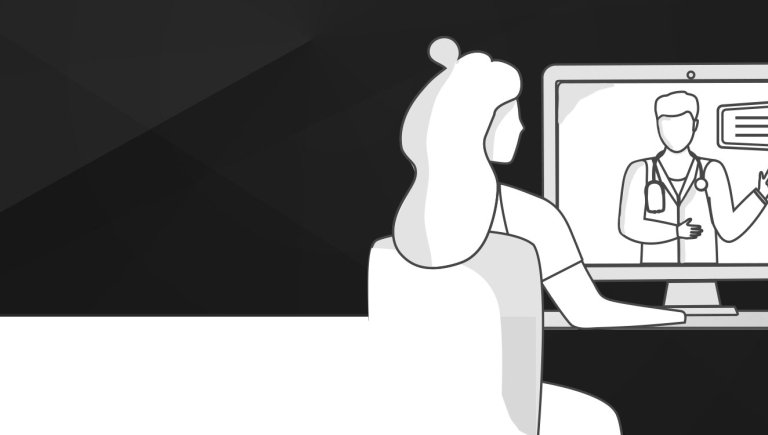 An illustration of a person using a computer monitor on a black background.