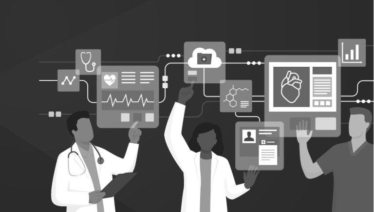 Illustration of three health care workers using futuristic screens and technology.
