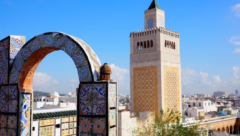 Archwayand bell tower in Tunisia. 
