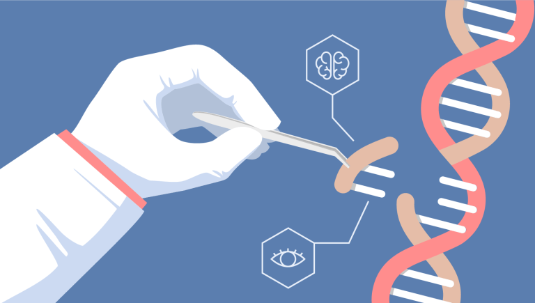An illustration of a gloved scientist grabbing a piece of DNA from a double helix.
