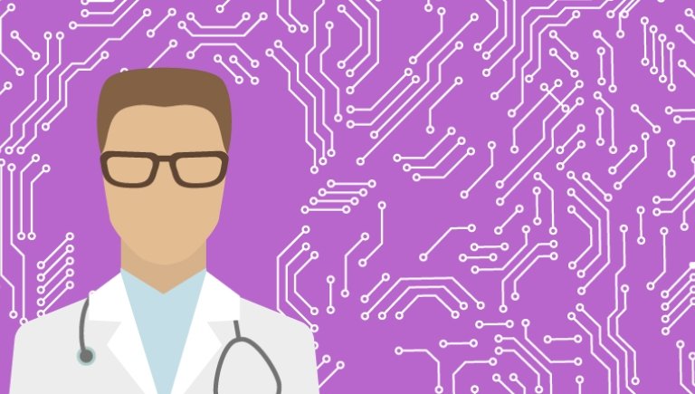 An illustration of a health care provider on a purple background surrounded by computer parts.