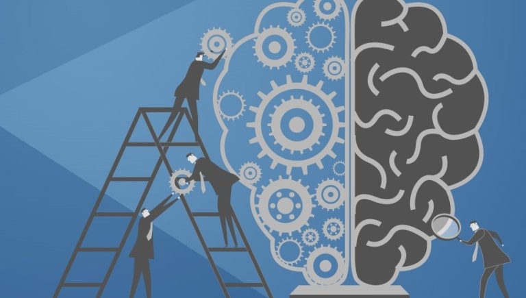 Illustration of a brain with gears on one half.