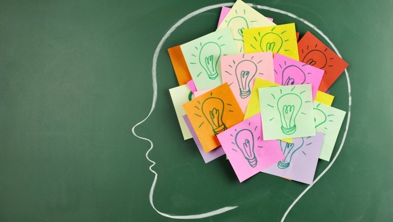 outline of side profile on chalk board with sticky notes with light bulbs in the brain.