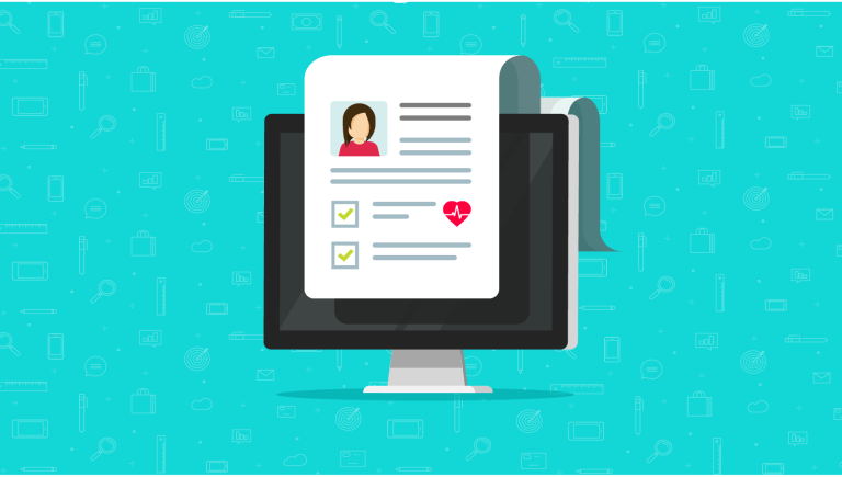 An illustration of a print-out of a patient record on top of a computer monitor.