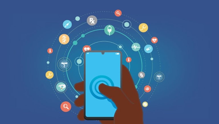 abstract photo of digital health showing a mobile phone and health icons.
