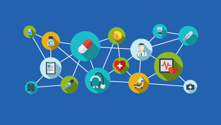 Illustration of an interconnected network of health care related images.