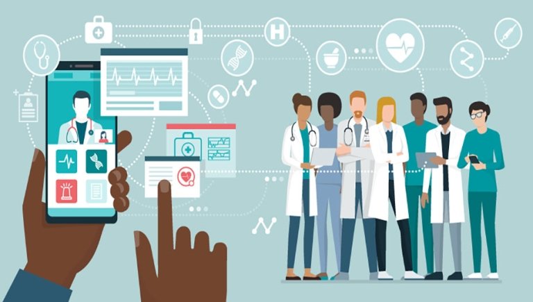 abstract photo of digital health concept with smart phones and doctors.
