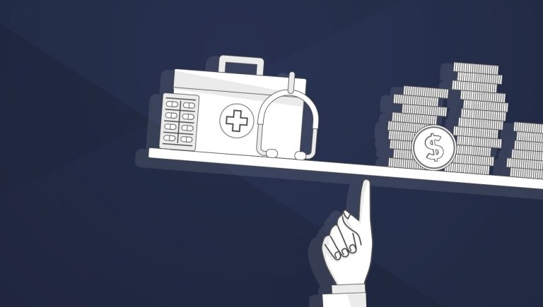 An illustration of a person balancing a first aid kit and coins on a dark blue background.