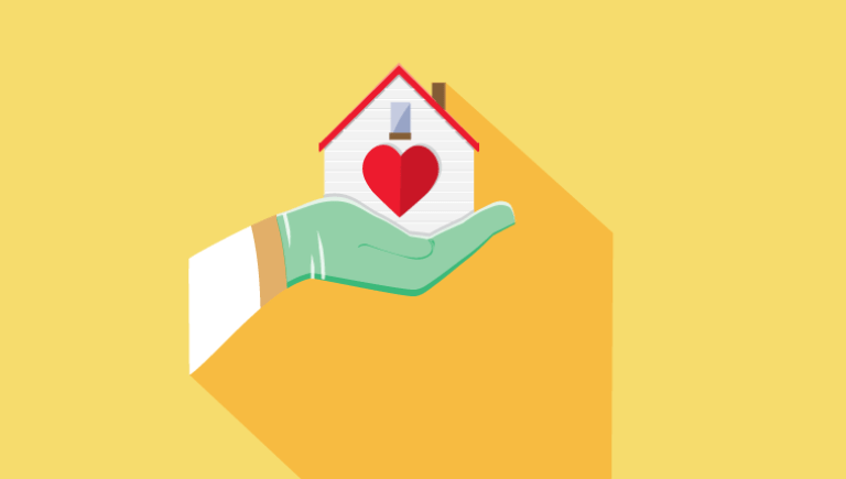 Illustration of a hand holding a small home with a heart on it.