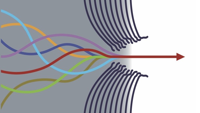 Colorful linesweaving into a line breaking through a wall of black lines.