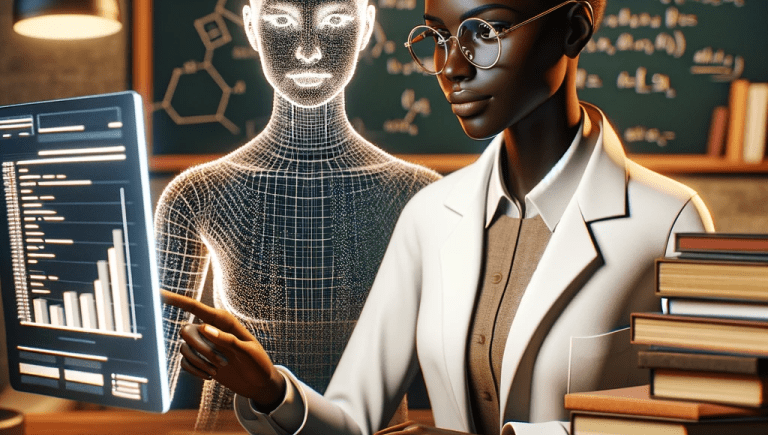 digital image of women looking at screen, with a digital shadow looking over her shoulder.